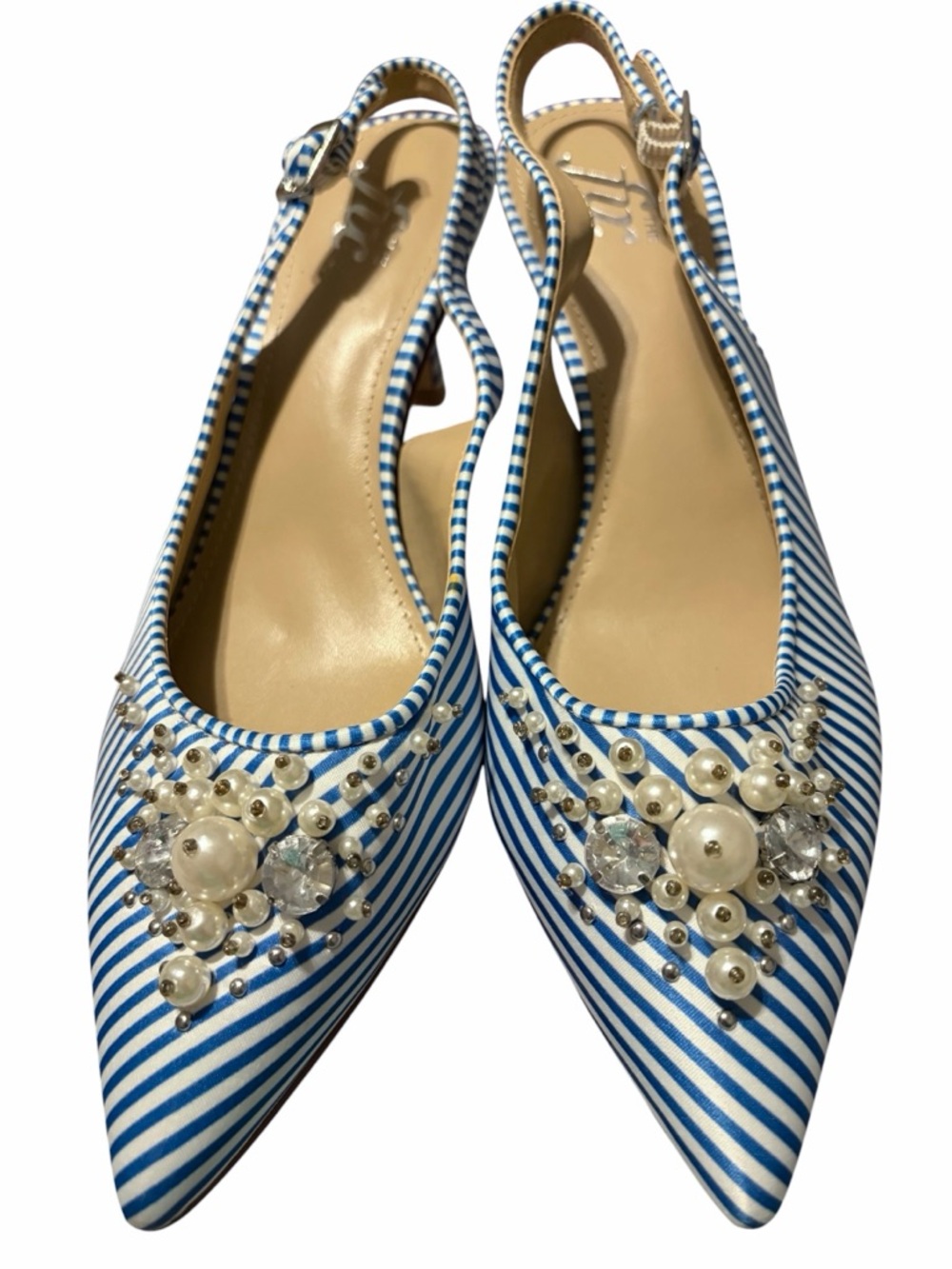 Blue White Stripe Slingback Heels Pearl Rhinestone Embellished Pointed Toe